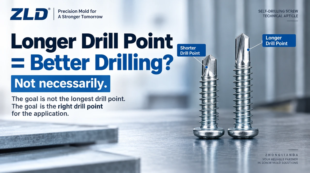 Two self-drilling screws with different drill-point lengths beside a metal sheet