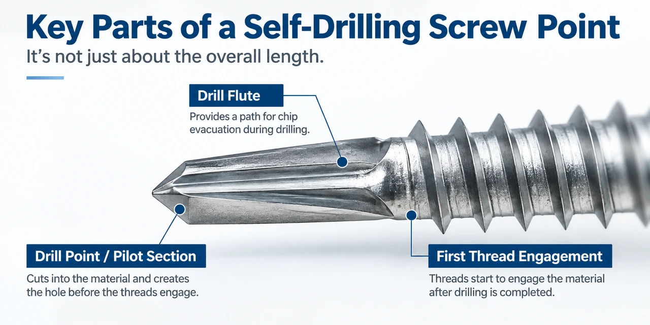 Drill point, flute and first thread